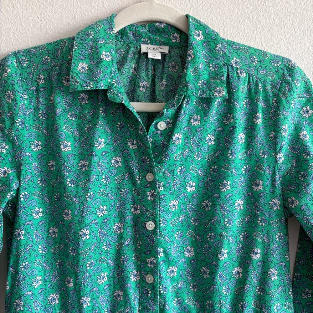 J. Crew Factory Printed Cotton Mini Shirtdress Sundress Women’s 0 Green BF854 - Picture 3 of 8